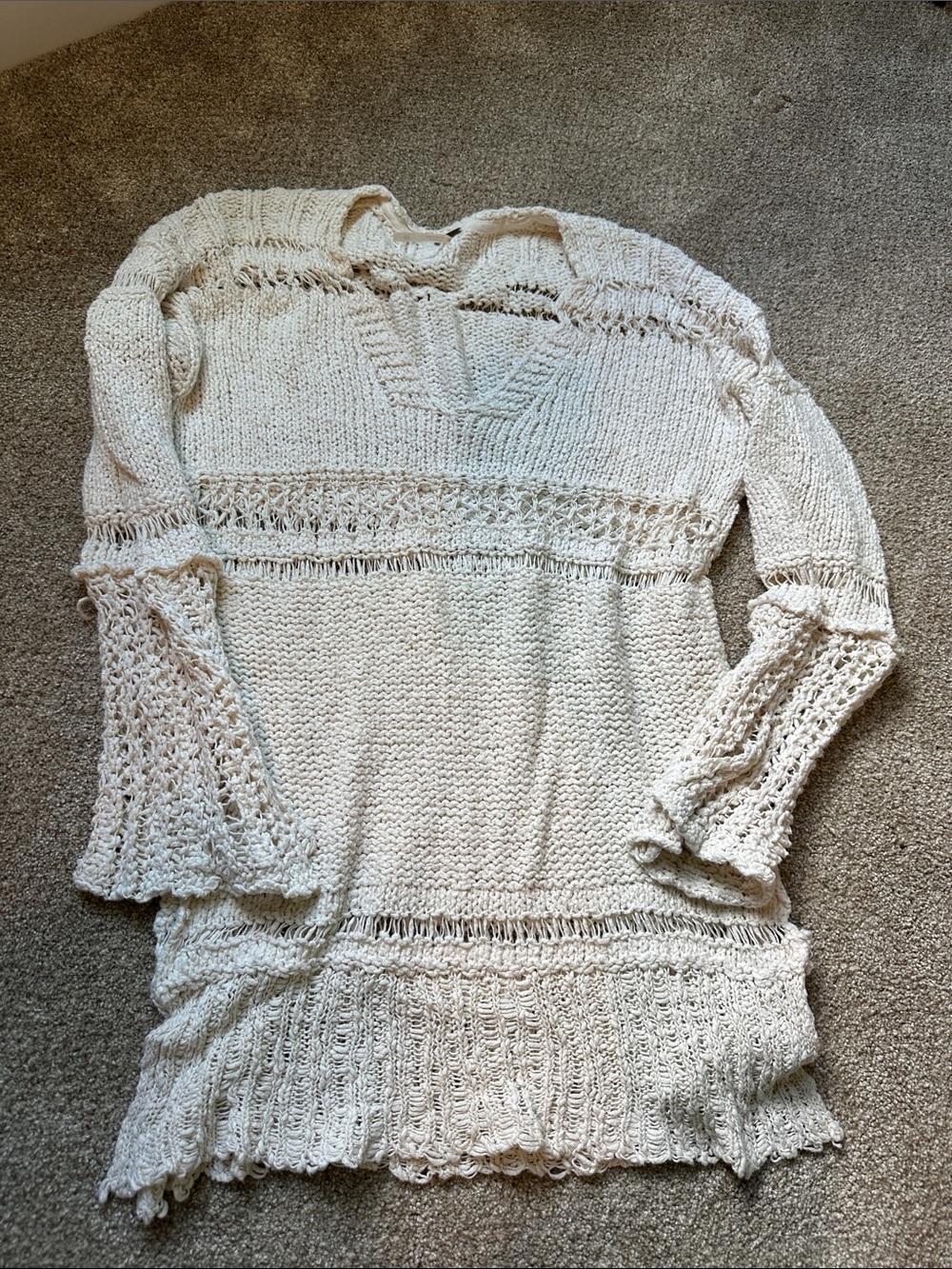 Free People Light Cream Knit V‑Neck Crochet Detail Sweater